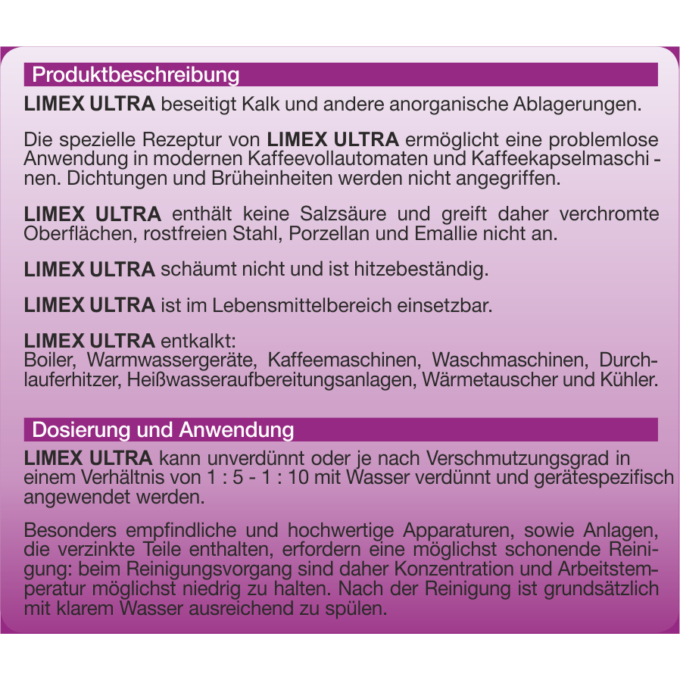 LIMEX ULTRA Etikett 5l Beschreibung LIMEX ULTRA beseitigt Kalk & anorganische Ablagerungen