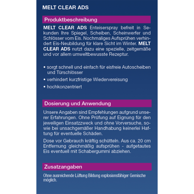 MELT CLEAR ADS Anwendung Enteiserspray