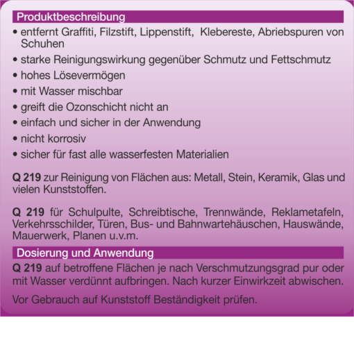 Q 219 Etikett 5 Liter Beschreibung Antigraffiti Graffiti Entferner auf pflanzlicher Basis