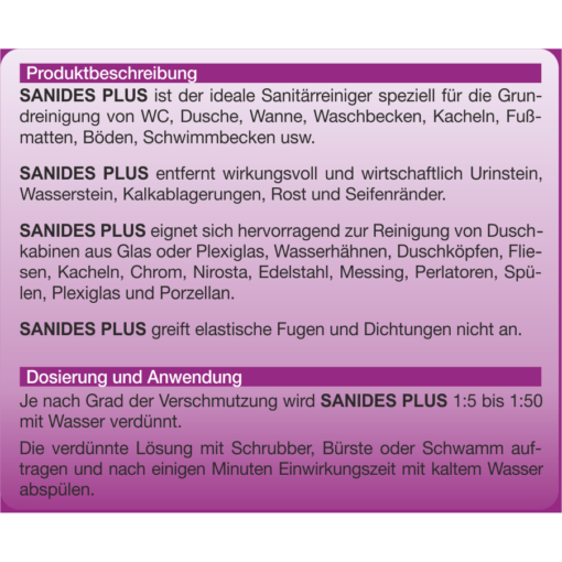 SANIDES PLUS Etikett-5 Liter Kanister Beschreibung SANIDES PLUS Sanitärreiniger mit Doppelwirkung Badreiniger 5 Liter Kanister
