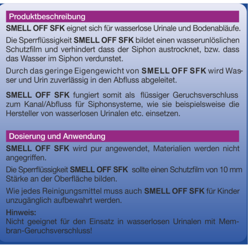 SMELL OFF SFK Etikett 5 Liter Kanister Beschreibung SMELL OFF SFK Sperrflüssigkeit Geruchsverschluss 5 Liter Kanister