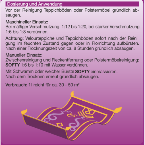 SOFTY Etikett 5 Liter Anwendung SOFTY Profi Teppichreiniger Polstershampoo