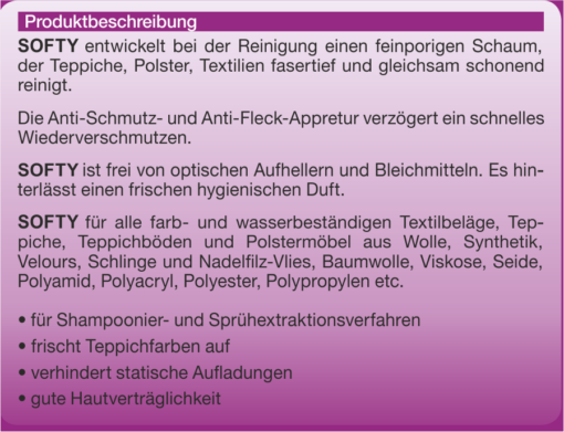 SOFTY Etikett 5 Liter Beschreibung SOFTY Profi Teppichreiniger Polstershampoo