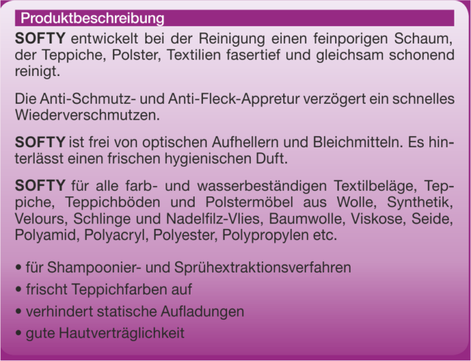 SOFTY Etikett 5 Liter Beschreibung SOFTY Profi Teppichreiniger Polstershampoo