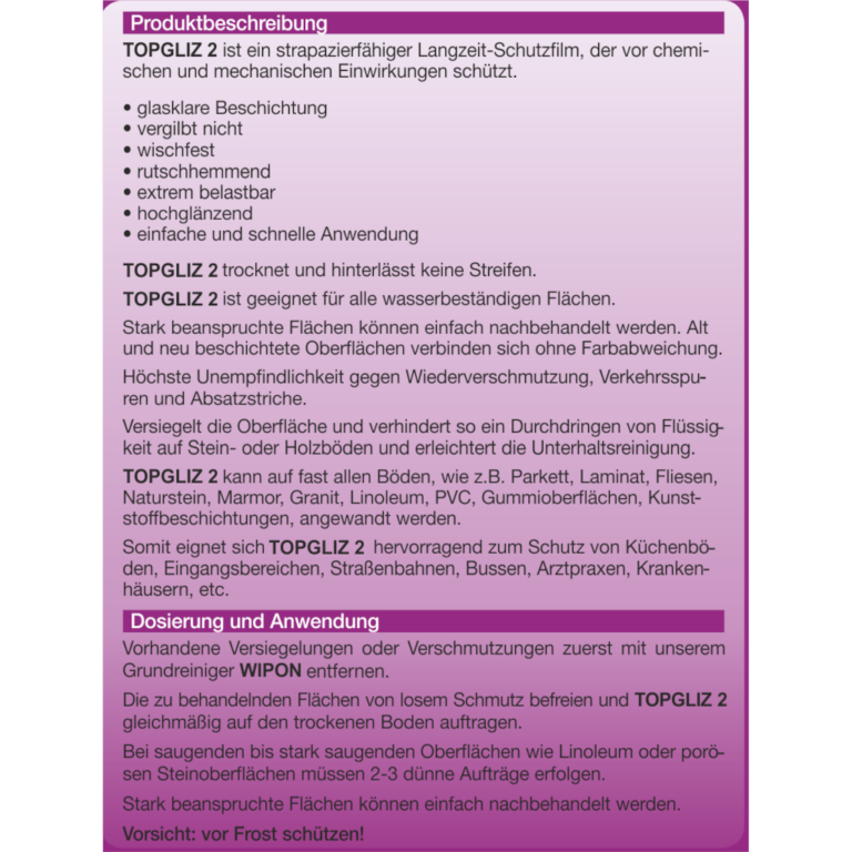 TOPGLIZ 2 Bodenversiegler Beschreibung 5 Liter Kanister TOPGLIZ 2 Bodenversiegler 5 Liter Kanister
