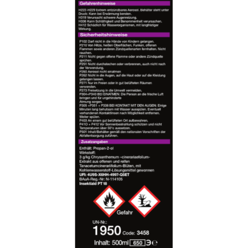 PYRIN 1.2.3. 500 ml Insektizid mit Sofort- und Spektralwirkung Insektenspray Gefahrenhinweise