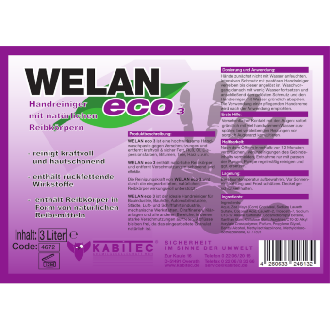 WELAN eco₃ Handreiniger mit natürlichen Reibkörpern Handwaschpaste Etikett